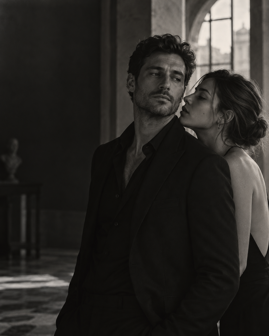 A couple standing close in a softly lit interior