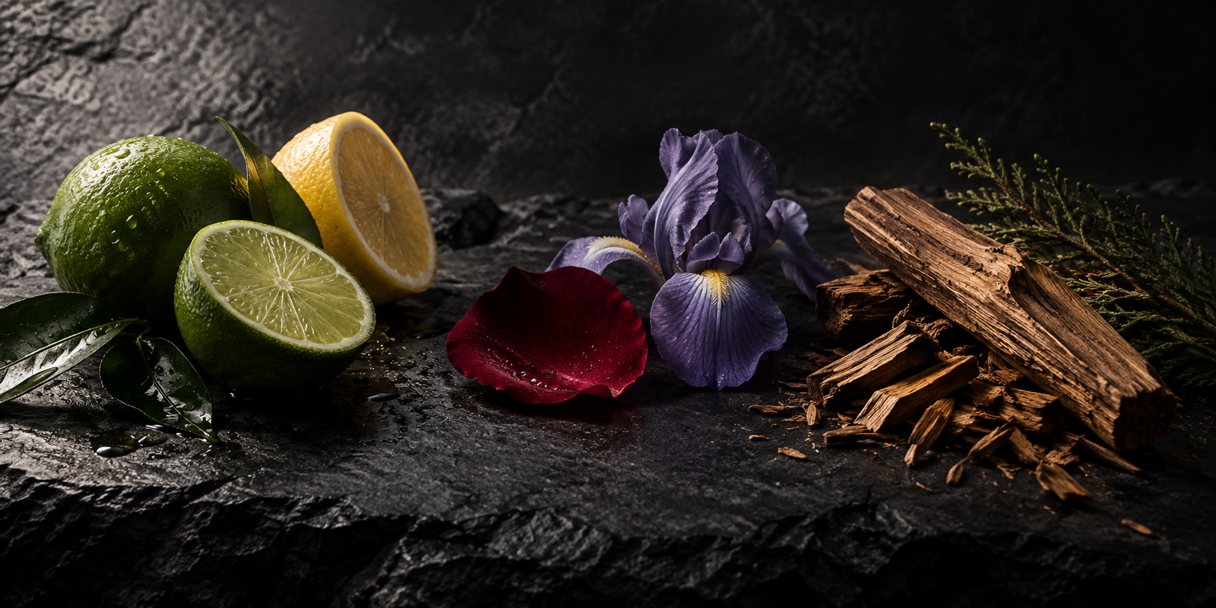 Lemon, lime, rose, iris, sandalwood and cedar on dark stone